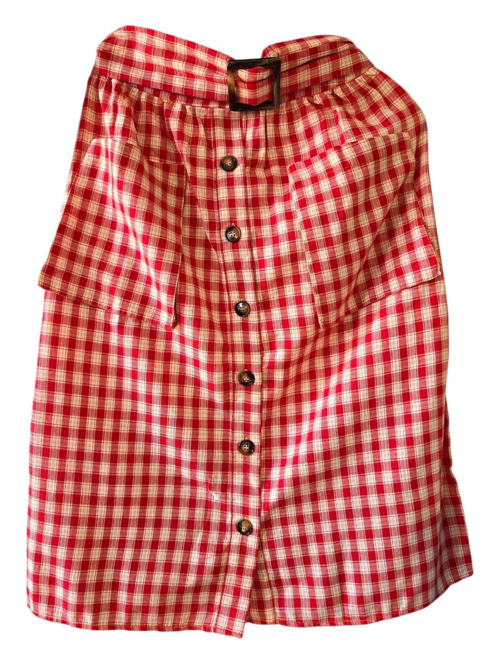 Moon River Red and White Plaid Button-Front Midi Skirt with Belt Size Small